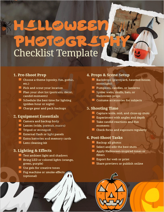 Cover page of the Halloween Photography Checklist Template featuring spooky camera graphics, pumpkins, and a Halloween-themed design for photographers.