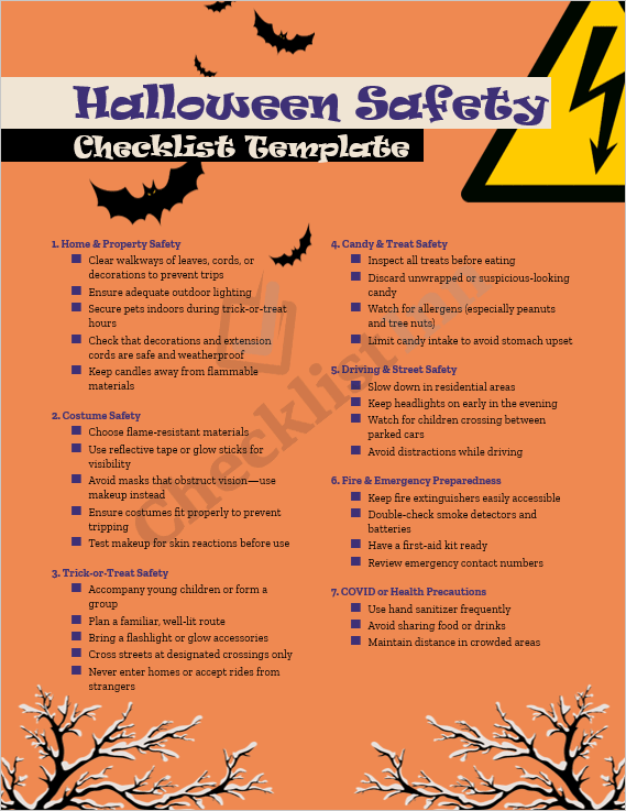Cover page of the Halloween Safety Checklist Template featuring festive Halloween icons and safety-themed graphics.
