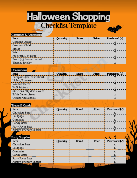 Editable Halloween Shopping Checklist Template cover featuring Halloween-themed icons, pumpkins, and shopping list design.
