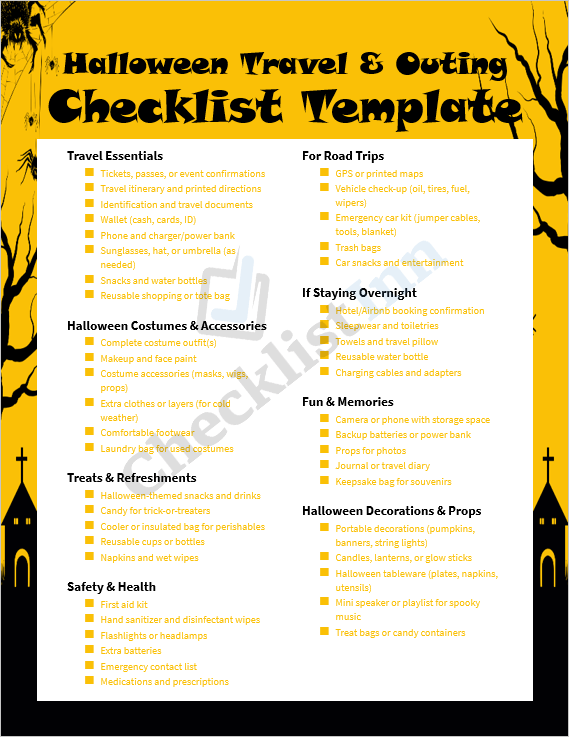 Cover page of the Halloween Travel & Outing Checklist Template featuring spooky travel icons, festive orange and black theme, and holiday design.