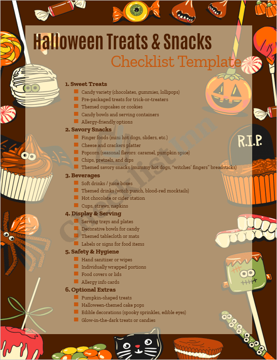 Cover page of the Halloween Treats & Snacks Checklist Template showing spooky-themed design with Halloween icons and festive colors.