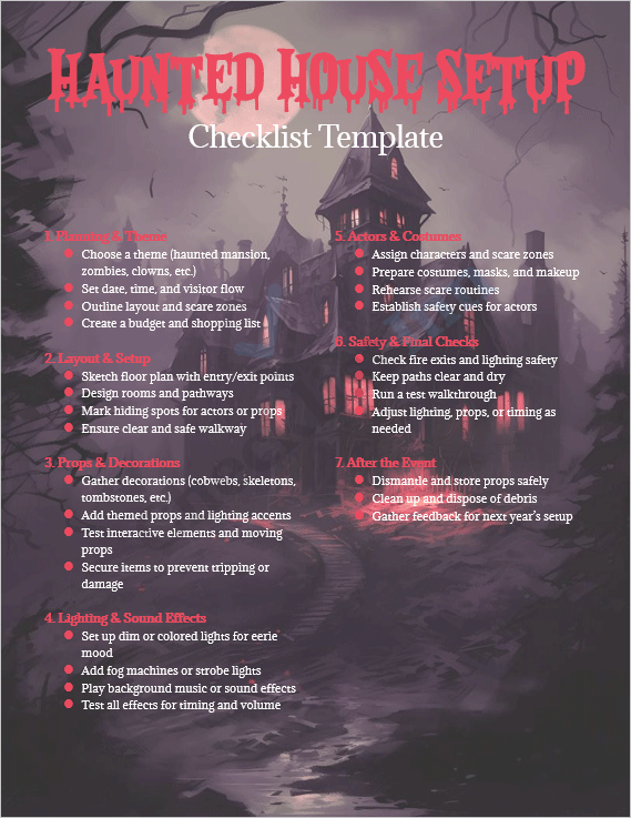 Cover page of the Haunted House Setup Checklist Template showing a spooky Halloween theme with icons and checklist layout.