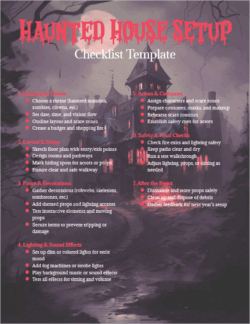 Cover page of the Haunted House Setup Checklist Template showing a spooky Halloween theme with icons and checklist layout.
