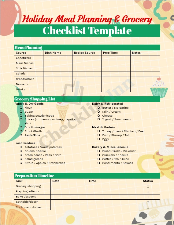Holiday meal planning and grocery checklist cover page with festive table setup and food preparation items