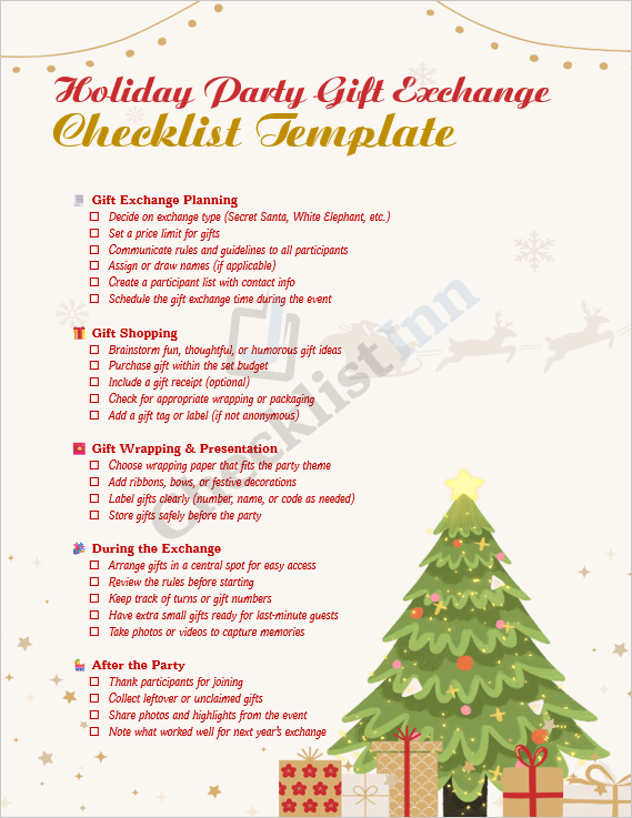 Cover page of the Holiday Party Gift Exchange Checklist Template showing festive design and title section
