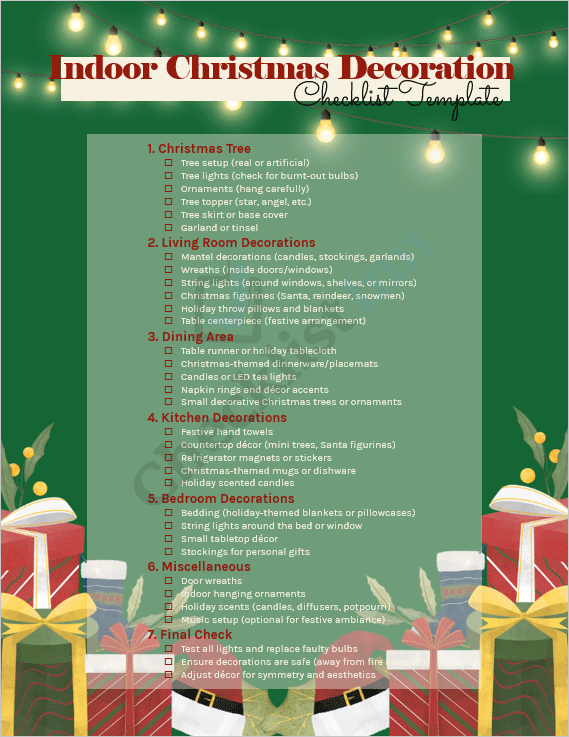 Cover page of the Indoor Christmas Decoration Checklist Template showing a festive living room with a decorated Christmas tree and holiday décor