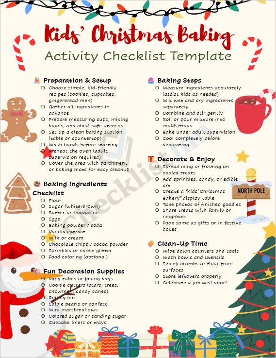 Kids Christmas baking activity checklist cover page showing festive design and colorful layout for children