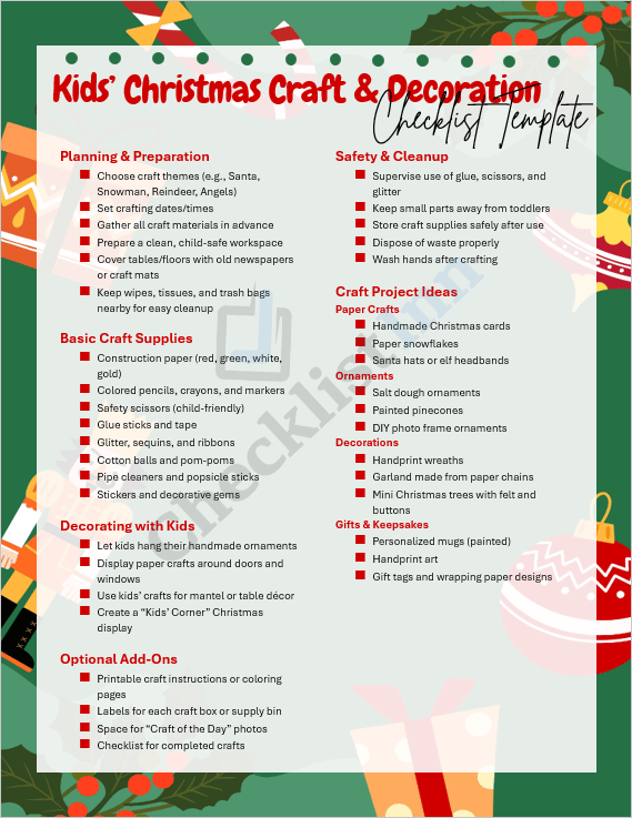 Cover page of the Kids’ Christmas Craft & Decoration Checklist Template featuring festive design elements, colorful icons, and a cheerful Christmas theme.