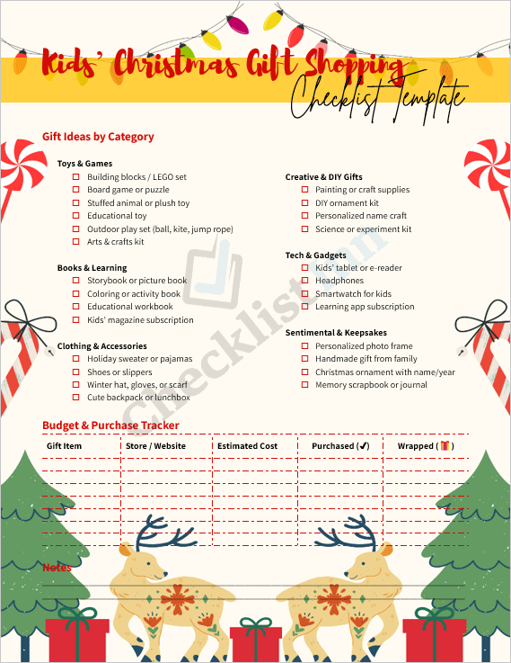 Colorful cover page of the Kids’ Christmas Gift Shopping Checklist Template featuring Christmas icons, toys, and a cheerful holiday theme.