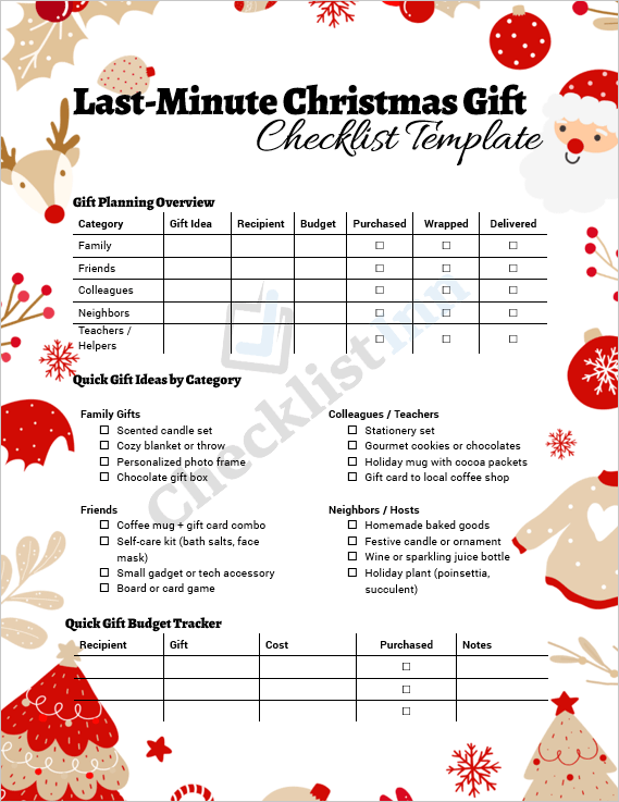 Cover page of the Last-Minute Christmas Gift Checklist Template showing a festive holiday design with checklist sections for recipients, gifts, and budgets.
