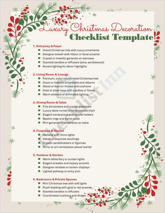 Cover page of the Luxury Christmas Decoration Checklist Template featuring a minimalist, gold-accented holiday design with modern typography and festive décor elements.