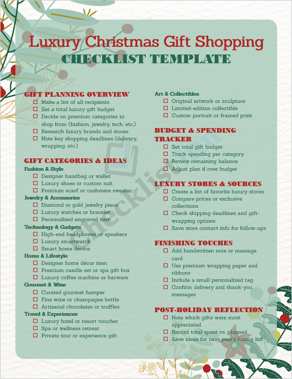 Cover page of the Luxury Christmas Gift Shopping Checklist Template featuring a festive, gold-accented holiday design for premium gift planning.