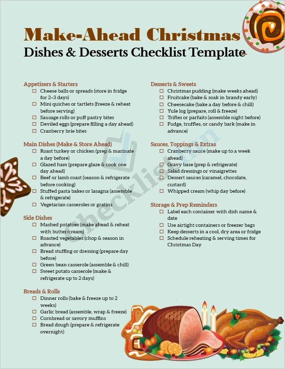 Make Ahead Christmas Dishes and Desserts Checklist Template cover page with festive design and holiday meal illustrations