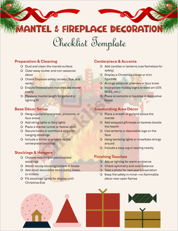 Elegant Christmas mantel and fireplace decoration checklist cover page with festive design elements and cozy holiday theme