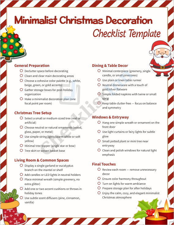 Cover page of the Minimalist Christmas Decoration Checklist Template showing a clean, modern design with neutral holiday tones and organized layout.