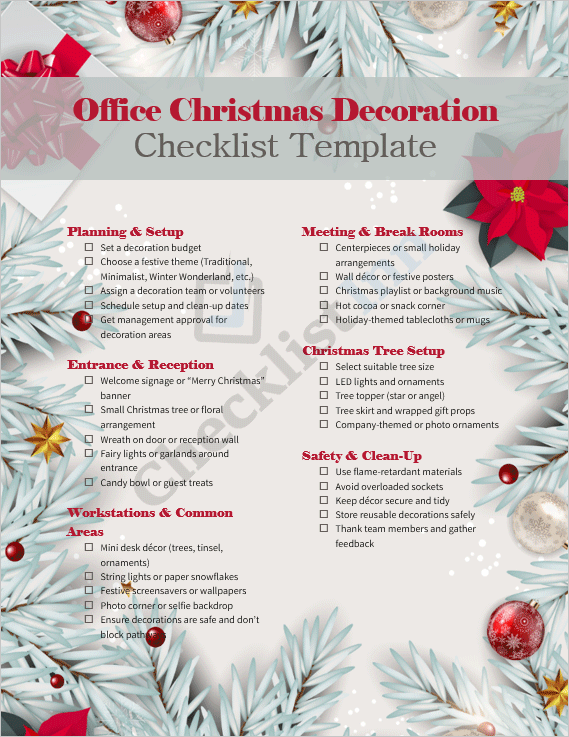 Professional office Christmas decoration checklist cover with festive workplace décor, Christmas tree, and holiday lights