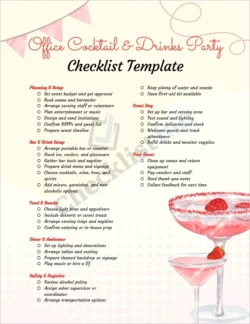 Office Cocktail and Drinks Party Checklist Template cover page showing festive office setup with drinks menu and event planning layout