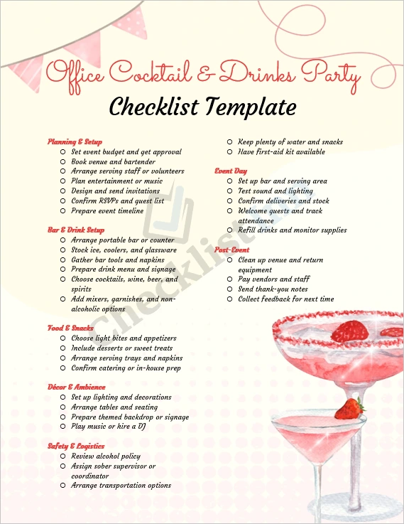 Office Cocktail and Drinks Party Checklist Template cover page showing festive office setup with drinks menu and event planning layout