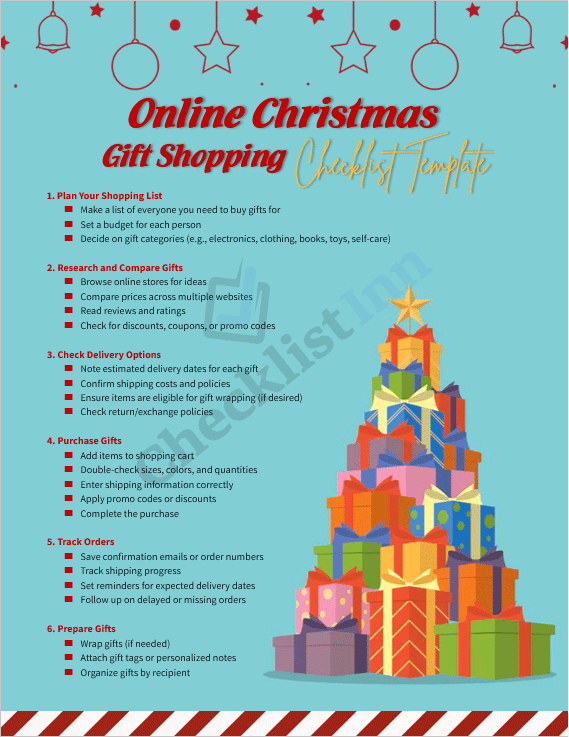 Cover page of the Online Christmas Gift Shopping Checklist Template showing festive design and holiday gift planning layout