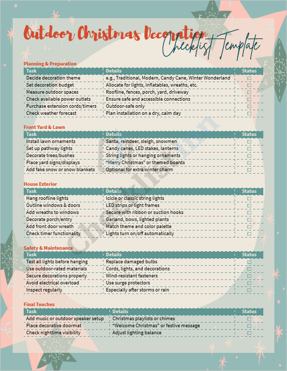 Cover page of the Outdoor Christmas Decoration Checklist Template showing festive outdoor lights and an organized checklist layout.