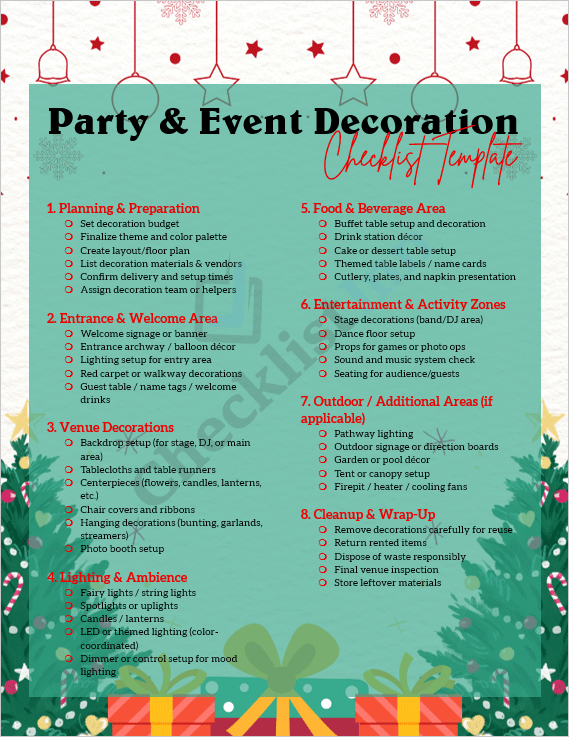 Cover page of the Party & Event Decoration Checklist Template showing a stylish layout with festive icons and event planning theme.