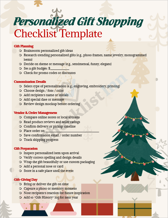 Front cover of the Personalized Gift Shopping Checklist template with colorful icons and gift planning theme