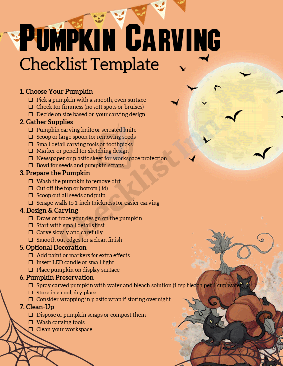 Cover page of the Pumpkin Carving Checklist Template featuring a Halloween pumpkin, carving tools, and a festive orange background.