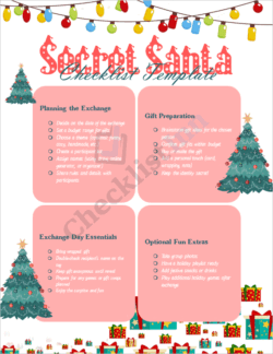 Cover page of the Secret Santa Checklist Template showing festive red and green holiday design with checklist title and Christmas icons.