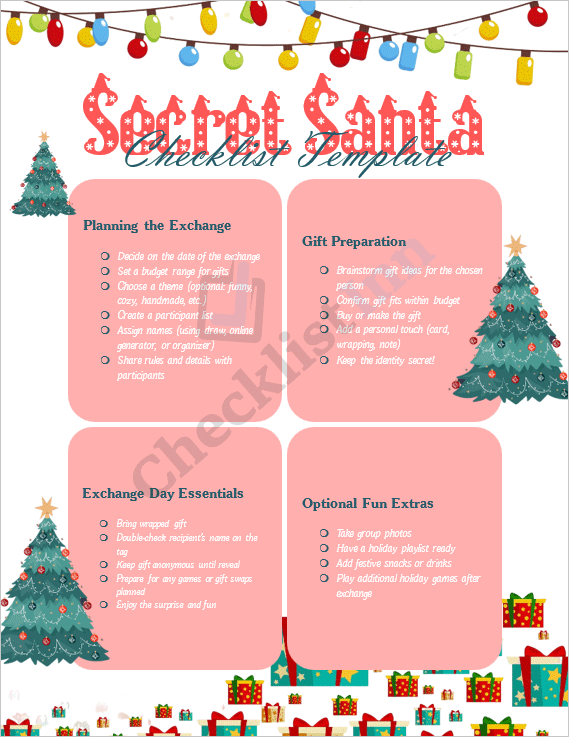 Cover page of the Secret Santa Checklist Template showing festive red and green holiday design with checklist title and Christmas icons.