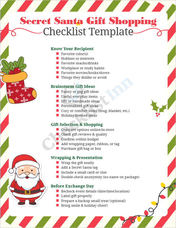 Cover page of the Secret Santa Gift Shopping Checklist Template featuring a red and gold holiday theme with Christmas decorations and gift icons.
