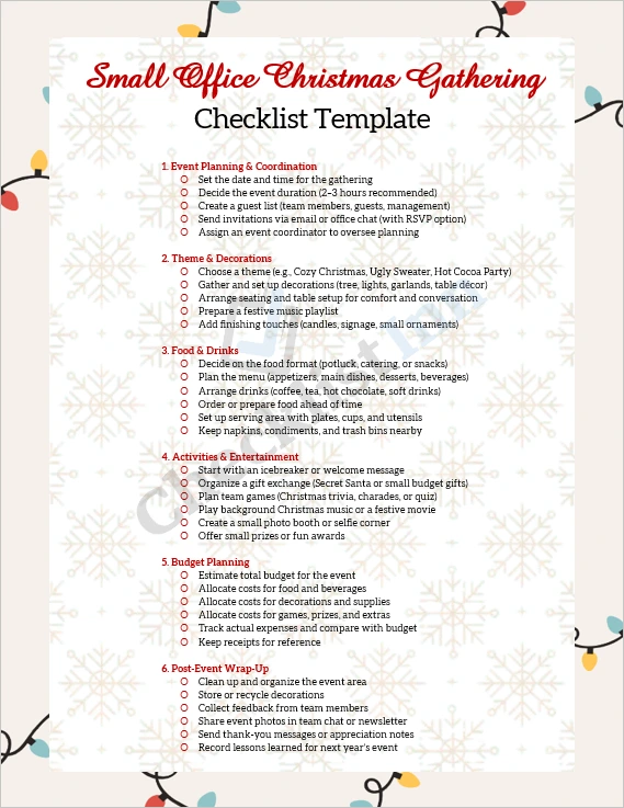 Small Office Christmas Gathering Checklist Template cover page showing festive holiday design and organized checklist layout