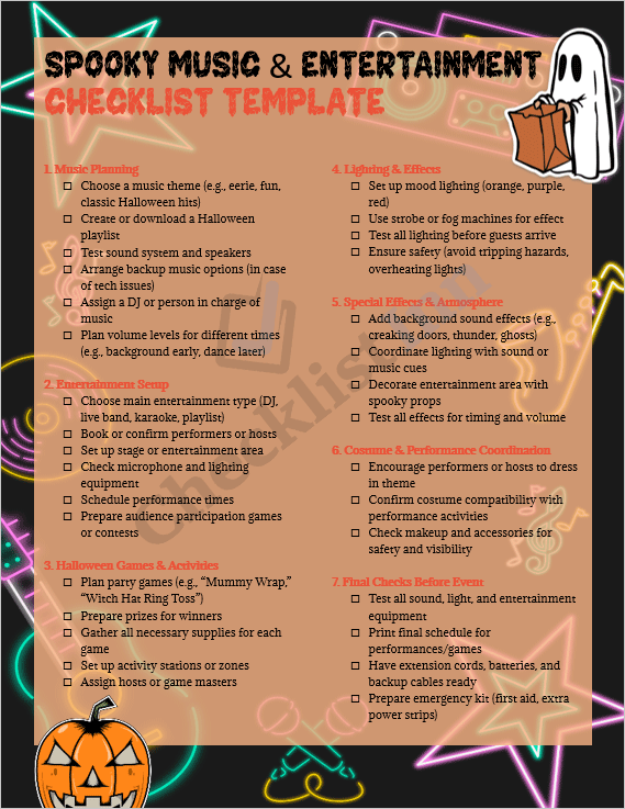 Cover page of the Spooky Music & Entertainment Checklist Template featuring Halloween-themed design with spooky icons, bats, and event planning title.