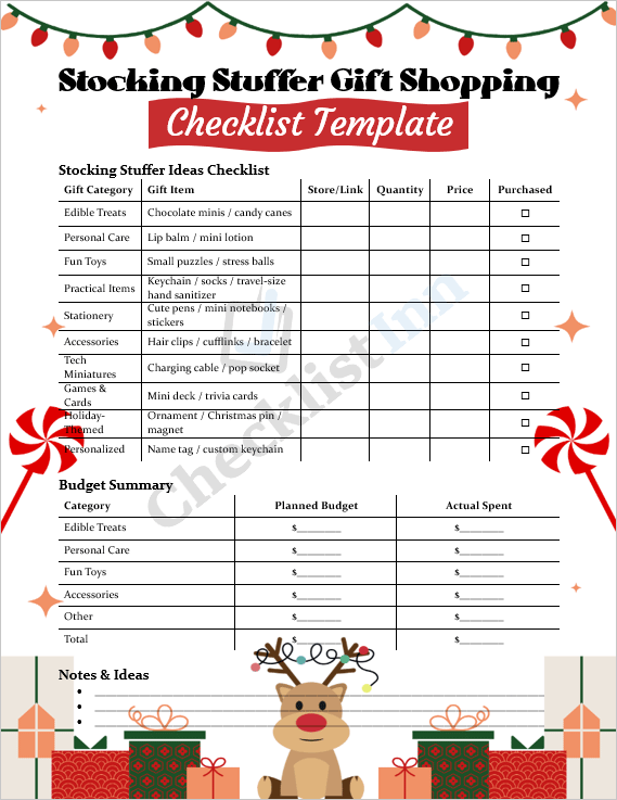 Printable stocking stuffer gift shopping checklist cover page showing festive holiday design and title layout