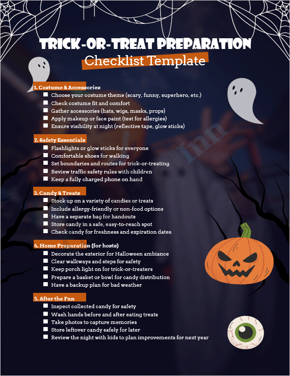 Cover page of the Trick-or-Treat Preparation Checklist Template showing a festive Halloween design with pumpkins, candy, and checklist title.