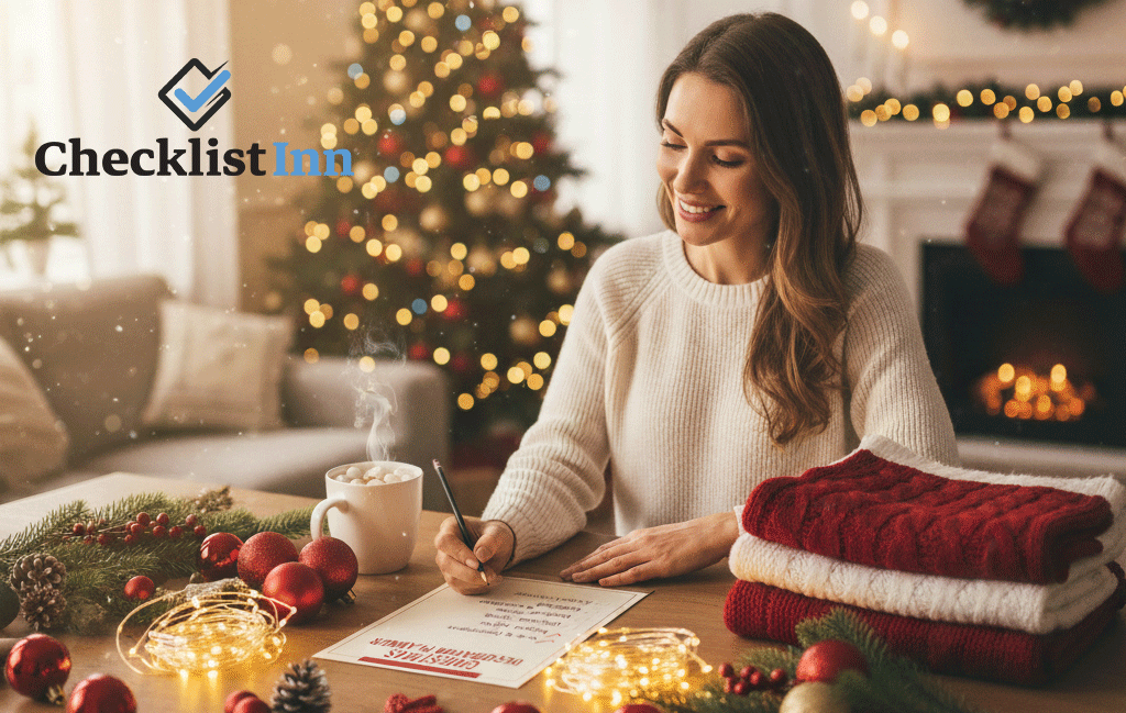 Person happily organizing Christmas decorations using a printed checklist, surrounded by ornaments, ribbons, and lights in a cozy holiday setting.