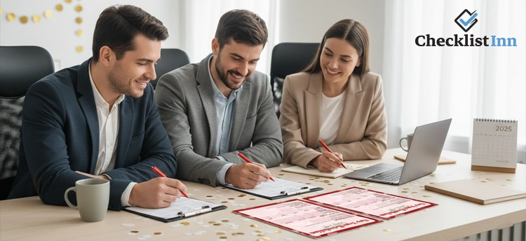 team using ready made checklist templates for new year planning in office
