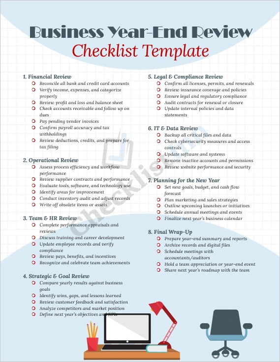 Business Year End Review Checklist Template cover page showing professional design and title layout