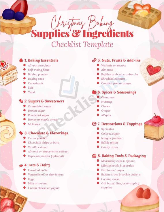 Christmas Baking Supplies and Ingredients Checklist Template cover page showing festive layout with baking tools and holiday theme