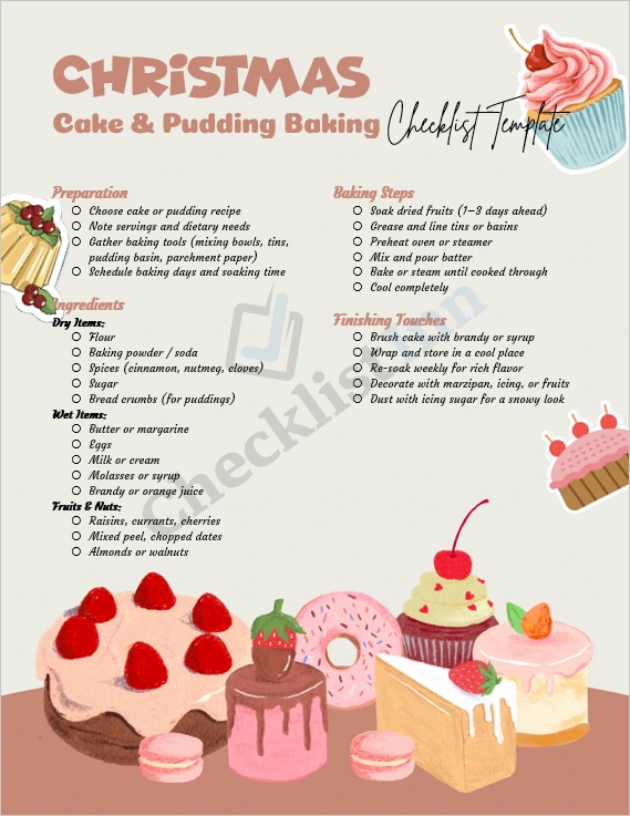 Christmas cake and pudding baking checklist cover page featuring festive layout and holiday dessert theme