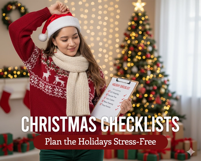 A cheerful young woman in a festive Christmas outfit, standing beside a decorated holiday tree with wrapped gifts, holding a checklist clipboard to symbolize holiday planning and organization.