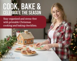 Woman baking Christmas cookies in a festive kitchen — featured image for Christmas Cooking & Baking Checklist Templates.