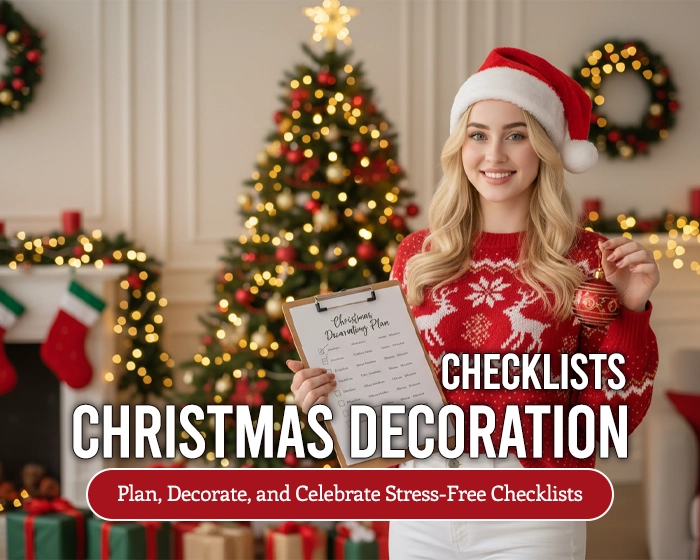 A smiling young woman in a festive red sweater and Santa hat holding a holiday checklist beside a decorated Christmas tree with ornaments, garlands, and warm lights — symbolizing Christmas decoration planning and organization.
