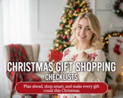 Woman smiling and holding a Christmas gift in a cozy holiday home, featured image for Christmas Gift Shopping Checklist.
