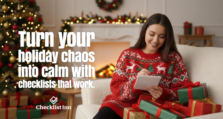 A young woman in a festive Christmas sweater sitting by a decorated holiday tree with gifts, happily writing on a checklist to represent holiday planning.
