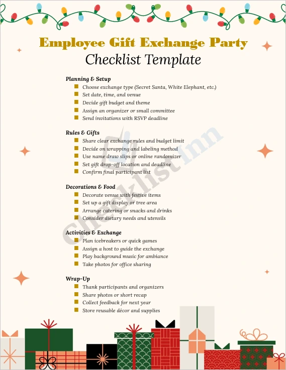 Employee Gift Exchange Party Checklist Template cover page showing a festive office theme