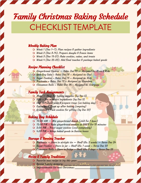 Family Christmas Baking Schedule Checklist cover page with festive holiday design and checklist title