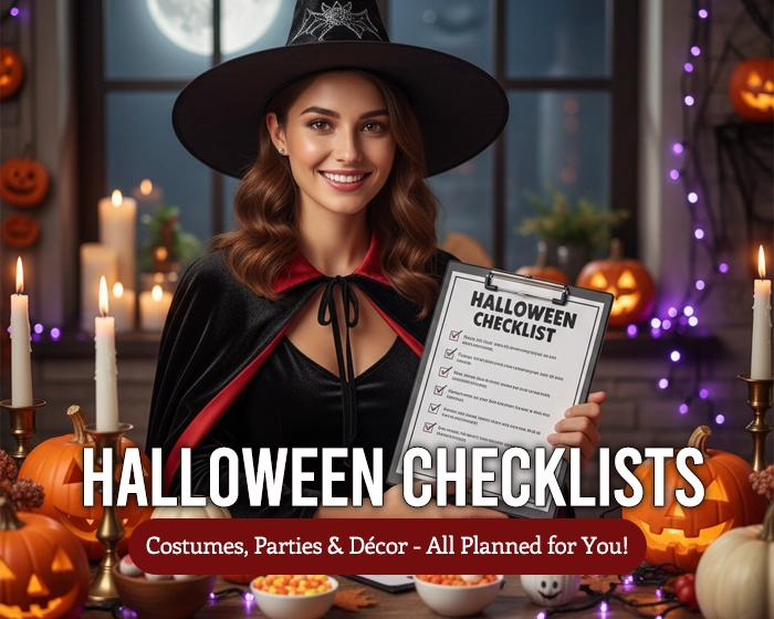 woman in a Halloween costume holding a festive checklist at a decorated table with pumpkins and candles, representing printable Halloween checklist templates.