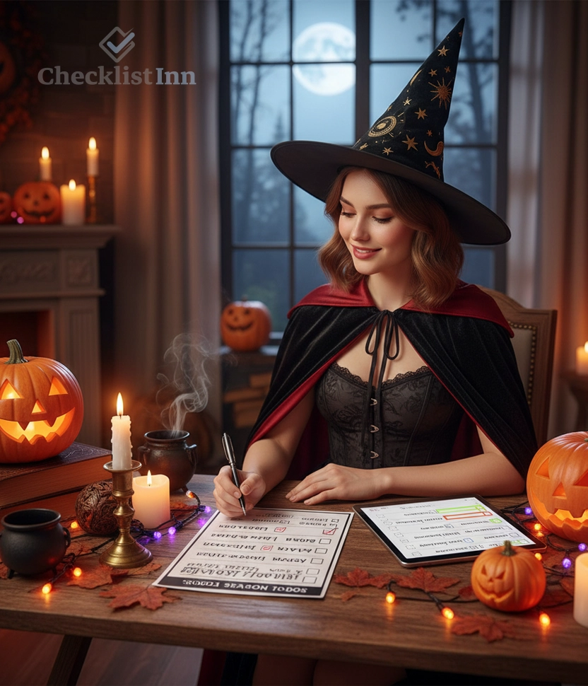 Beautiful girl in a Halloween costume using printable and digital Halloween checklist templates at a cozy autumn desk decorated with pumpkins and candles.
