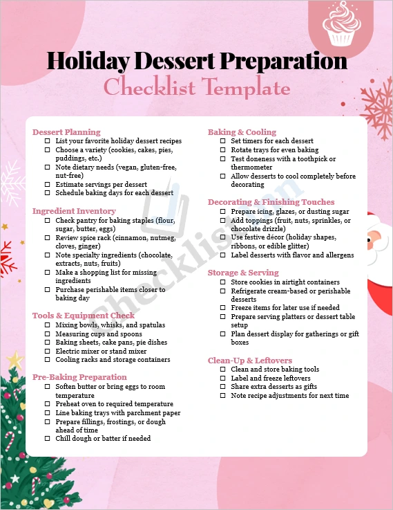 Holiday Dessert Preparation Checklist Template cover page featuring festive dessert illustrations and organized checklist layout for holiday baking