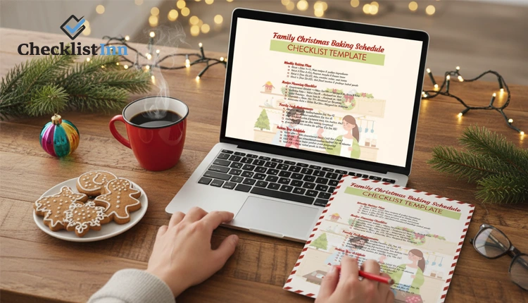 Person using Christmas cooking and baking checklist template on laptop and printed sheet in festive kitchen
